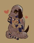  &lt;3 2015 abstract_background aka-chibi animal_crossing ankha_(animal_crossing) anthro bob_cut canid canine canis digital_media_(artwork) domestic_cat domestic_dog duo embrace felid feline felis female hair holding_partner hug looking_aside looking_at_another looking_at_partner lucky_(animal_crossing) male male/female mammal monotone_background mummy_wrappings narrowed_eyes nintendo on_lap sitting size_difference tsundere 