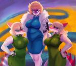  2023 absurd_res anthro armwear artist_name belly big_breasts blonde_hair blue_eyes breasts cassandra_(snoot_game) clothing cosplay curvaceous curvy_figure daughter deadassspider detailed_background digital_drawing_(artwork) digital_media_(artwork) dinosaur dragon_ball dragon_ball_z dress ear_piercing ear_ring elbow_gloves eyewear female fingers freckles glasses gloves goodbye_volcano_high group gun hadrosaurid hair hand_on_hip hands_on_own_hips handwear hi_res i_wani_hug_that_gator long_tail magenta_body magenta_scales mature_anthro mature_female mia_(iwhtg) mother mother_and_child mother_and_daughter multicolored_body multicolored_scales naomi_(gvh) orange_body orange_scales ornithischian outside parasaurolophus parent parent_and_child piercing princess_snake ranged_weapon red_body red_scales reptile ring_piercing scales scalie short_hair sibling sister sisters slightly_chubby smile snoot_game_(fan_game) snout spikes spikes_(anatomy) tail teal_eyes teeth thick_thighs trio two_tone_body two_tone_scales voluptuous watermark weapon white_body white_scales wide_hips 