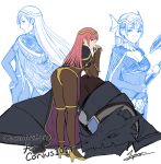  1girl alternate_costume ass bodystocking breasts bridal_gauntlets cape cherche_(fire_emblem) cleavage cm_lynarc commission cosplay dragon fire_emblem fire_emblem_awakening highres large_breasts long_hair looking_at_viewer looking_back multiple_views pink_eyes pink_hair signature simple_background skin_tight smile solo_focus tharja_(fire_emblem) tharja_(fire_emblem)_(cosplay) tiara white_background 