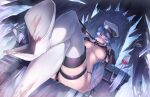  1girl akame_ga_kill! bikini blood blue_eyes blue_hair blush boots breasts cameltoe choker crossed_legs esdeath gainoob hair_between_eyes hat holding holding_whip ice large_breasts long_hair looking_at_viewer peaked_cap sitting smile solo swimsuit thigh_boots thigh_strap thighhighs throne very_long_hair 