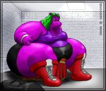  2006 anthro belly bertha_(kazecat) big_belly big_breasts big_butt boots bottomwear breasts butt butt_crush clothed clothing common common_hippopotamus digital_media_(artwork) domestic_cat duffel_bag duo felid feline felis female footwear fur green_hair hair hippopotamid huge_belly huge_breasts huge_butt kazecat kazecat_(character) larger_female male mammal obese obese_anthro obese_female orange_body orange_fur overweight overweight_anthro overweight_female purple_body sitting_on_another size_difference smaller_male smothering thick_thighs topwear 