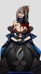  1girl absurdres bare_shoulders black_dress black_gloves breasts cleavage commentary commission dark_persona dress fate/grand_order fate_(series) french_clothes gloves highres huge_breasts large_breasts light_smile lips long_hair looking_at_viewer marie_antoinette_(alter)_(fate) marie_antoinette_(fate) own_hands_together savadava solo white_background white_hair yellow_eyes 