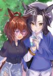  2girls agnes_tachyon_(umamusume) ahoge air_shakur_(umamusume) animal_ears belt black_hair black_shirt blue_sweater blurry blurry_background bracelet breasts brown_hair collared_shirt commentary_request cowboy_shot cup denim disposable_cup drinking_straw drinking_straw_in_mouth ear_ornament ear_piercing earrings gakeumi grey_headwear hair_between_eyes holding holding_cup horse_ears horse_girl horse_tail jeans jewelry long_hair long_sleeves medium_breasts multiple_girls official_alternate_costume outdoors pants piercing red_eyes round_eyewear shirt single_earring smile sunglasses sweater tail torn_clothes torn_jeans torn_pants umamusume white_belt white_shirt yellow_eyes 