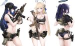  3girls ass assault_rifle belt black_buruma black_gloves black_hair black_panties black_shirt black_sports_bra blonde_hair blue_archive blue_hair breasts buruma cleavage collarbone colored_inner_hair feet_out_of_frame fte_(fifteen_199) gloves gun half_updo halo highres holding holding_gun holding_weapon holstered looking_ahead looking_at_viewer medium_breasts military_jacket multicolored_hair multiple_girls navel panties ponytail purple_hair rifle saori_(blue_archive) scope shirt simple_background sports_bra stomach tactical_clothes toki_(blue_archive) two-tone_hair underwear utility_belt weapon white_background yuuka_(blue_archive) yuuka_(track)_(blue_archive) 