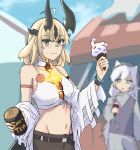  2girls absurdres ahoge arknights astrograph21 belt black_belt blonde_hair blurry breasts camisole can commentary_request crop_top food green_eyes highres holding holding_can holding_food horns ice_cream long_hair looking_at_viewer medium_breasts midriff multiple_girls navel official_alternate_costume reed_(arknights) rosmontis_(arknights) smile stomach upper_body white_hair 