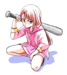  1girl asymmetrical_bangs bangs baseball_bat brown_hair commentary_request highres hijiri_ageha hirogaru_sky!_precure holding holding_baseball_bat hood hoodie jacket jacket_over_hoodie long_hair pink_hoodie pink_jacket precure solo uraki white_background 