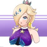  1girl :o bare_shoulders blonde_hair blue_eyes breasts brooch crown dress earrings eyelashes gradient_dress hair_over_one_eye highres jewelry long_hair mario_(series) mario_kart mario_kart_tour open_mouth purple_dress rosalina rosalina_(aurora) solo star_(symbol) star_brooch star_earrings thedarkestuno upper_body 