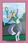  absurd_res anthro blonde_hair blue_body blue_fur canid canine canis charity_cross commandercross ear_piercing female fur green_eyes hair hi_res industrial_piercing mammal piercing solo sportswear tennis wolf 