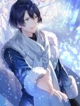  1boy :d bare_tree black_gloves black_shirt blue_coat blue_eyes blue_hair blunt_ends blurry blurry_background coat cowboy_shot dark_blue_hair fur-trimmed_coat fur-trimmed_sleeves fur_trim gloves hair_between_eyes highres hijirikawa_masato looking_ahead lower_teeth_only male_focus mole mole_under_eye official_alternate_costume outstretched_hand scarf shirt short_hair single_glove smile snowflake_print snowflakes snowing solo teeth tree tubame-hien uta_no_prince-sama white_scarf 