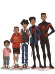  5boys age_progression artist_name bag ball basketball_(object) black_hair bodysuit child dark-skinned_male dark_skin denim food formal full_body jeans male_child male_focus marvel miles_morales multiple_boys pants popsicle purpletunabread school_bag shorts simple_background spider-man:_across_the_spider-verse spider-man:_into_the_spider-verse spider-man_(series) superhero white_background white_footwear 