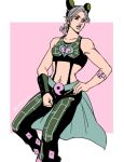  1girl butterfly_tattoo cone_hair_bun cowboy_shot double_bun green_hair green_lips grey_hair hage_tashuumi hair_bun hand_on_own_hip jojo_no_kimyou_na_bouken kujo_jolyne magatama_buckle midriff miniskirt multicolored_hair muted_color skirt solo spider_web_print stone_ocean tattoo two-tone_hair waist_cape 