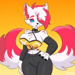  2_tails anthro big_breasts breasts canid canine clothed clothing collar female fox fur hands_on_hips hi_res katsumi_(spongebandimark) mammal multi_tail spongebandimark tail thick_thighs travis_the_dragon 
