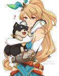  1girl absurdres animal bandana bare_shoulders blue_ribbon commission detached_sleeves dog dragalia_lost elisanne fingerless_gloves gauntlets gloves green_ribbon hair_ornament heart high_ponytail highres holding holding_animal holding_dog long_hair looking_at_viewer multicolored_ribbon orange_hair ponytail purple_eyes ribbon sierra117renner single_gauntlet smile teeth very_long_hair watermark white_background white_gloves 