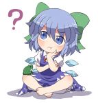  1girl ? animal barefoot blue_dress blue_eyes blue_hair blush bow cirno closed_mouth collared_shirt detached_wings dress fairy frog green_bow hair_between_eyes hair_bow ice ice_wings indian_style pinafore_dress puffy_short_sleeves puffy_sleeves rokugou_daisuke shirt short_hair short_sleeves signature simple_background sitting sleeveless sleeveless_dress solo touhou white_background white_shirt wings 