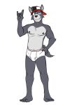  adastra adastra_(series) amicus_(adastra) anthro backwards_baseball_cap backwards_hat baseball_cap briefs bulge canid canine canis clothed clothing devil_horns_(gesture) echo_project fuze gesture hat headgear headwear hi_res male mammal navel nipples simple_background solo tighty_whities topless underwear white_background white_briefs white_clothing white_underwear wolf 