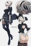  1girl 2b_(nier:automata) ass back_cutout black_blindfold black_dress black_footwear black_gloves black_hairband black_thighhighs blindfold boots breasts clothing_cutout commentary copyright_name dress gloves hairband hajikkoneko high_heels highres medium_breasts mole mole_under_mouth multiple_views nier:automata nier_(series) parted_lips puffy_sleeves short_hair skindentation thigh_boots thighhighs white_hair 