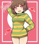  1girl :d aged_up arm_behind_head aroused ass_visible_through_thighs blunt_ends blush blush_stickers bob_cut border breasts bright_pupils chara_(undertale) character_name commentary covered_navel cowboy_shot drooling genderswap genderswap_(otf) glowing glowing_eyes green_sweater hand_on_own_hip hasso_(goodbad963) heart heart-shaped_pupils looking_at_viewer lowered_eyelids motion_lines no_pants outside_border pink_background pink_eyes pussy_juice saliva short_hair small_breasts smile solo standing striped striped_sweater sweater symbol-shaped_pupils teeth thigh_gap two-tone_background undertale upper_teeth_only white_background white_border white_pupils yellow_sweater 