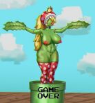  absurd_res after_transformation big_breasts big_butt blonde_hair breasts butt clothing corruption crabhorn crown defeated defeated_heroine elemental_creature elemental_humanoid female flora_fauna game_over game_over_screen gameplay_mechanics hair headgear hi_res huge_breasts huge_butt humanoid implied_transformation iranha_plant legwear lips mario_(series) mario_bros navel nintendo nipples outside pipes plant plant_humanoid plant_transformation princess_peach solo species_transformation stockings thick_lips thick_thighs transformation warp_pipe wide_hips 