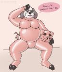  alebehemut anthro bodily_fluids bubble_speech canid canine canis clothing domestic_dog domestic_pig english_text hi_res latex male mammal mask rubber rubber_clothing rubber_mask rubber_suit sitting solo suid suina sus_(pig) sweat sweatdrop text 