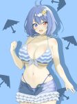 1girl :d absurdres ahoge bikini blue_background blue_bikini blue_eyes blue_hair breasts cleavage commission commissioner_upload cowboy_shot hair_ornament heterochromia highres large_breasts looking_at_viewer navel non-web_source open_mouth red_eyes shell_hair_ornament shirokumall short_hair side-tie_bikini_bottom skeb_commission smile solo star_(symbol) star_hair_ornament striped striped_bikini swimsuit tatara_kogasa teeth touhou touhou_lost_word umbrella upper_teeth_only variant_set 