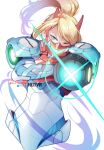  1girl aiming_at_viewer armor blonde_hair blue_eyes hot_vr incoming_attack long_hair looking_at_viewer metroid one_eye_closed ponytail power_suit samus_aran solo 