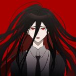  1boy black_hair black_jacket black_necktie collared_shirt colored_inner_hair d: danganronpa_(series) danganronpa_2:_goodbye_despair expressionless grey_shirt highres jacket kamukura_izuru multicolored_hair necktie open_clothes open_jacket red_eyes red_hair shirt solo sugawara_yoou teeth upper_body upper_teeth_only 