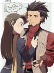  1boy 1girl ace_attorney adjusting_another&#039;s_clothes beard belt black_belt black_hair black_jacket blush brown_eyes brown_hair closed_mouth diego_armando earrings facial_hair holding jacket jewelry long_hair long_sleeves looking_at_another mia_fey mole mole_under_mouth phoenix_wright:_ace_attorney_-_trials_and_tribulations pinstripe_pattern pinstripe_vest red_shirt ring scarf shirt short_hair smile standing striped sweatdrop thought_bubble vest wahootarou yellow_scarf 