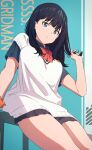  1girl black_hair black_shirt black_skirt blue_background blue_eyes collared_shirt commentary_request copyright_name expressionless gridman_universe hajikkoneko hand_in_own_hair highres looking_at_viewer open_mouth pleated_skirt school_uniform shirt short_sleeves skirt solo ssss.gridman sweater_vest takarada_rikka thighs white_sweater_vest 