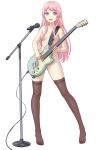  1girl :d bang_dream! bang_dream!_it&#039;s_mygo!!!!! barefoot blue_eyes brown_thighhighs chihaya_anon collarbone commentary_request da_akana_xiv full_body hair_over_eyes highres holding holding_instrument instrument long_hair looking_at_viewer microphone microphone_stand music nude open_mouth pink_hair playing_instrument simple_background smile solo standing teeth thighhighs thighs toenails toes upper_teeth_only white_background 