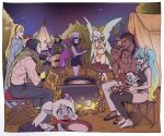  4boys 6+girls bikini bird black_gloves black_hair blonde_hair blue_eyes blue_hair bowl camping chair closed_eyes closed_mouth colored_skin crossed_arms crow dark-skinned_male dark_skin demacia_(league_of_legends) dragon_girl eating fingerless_gloves flower food gloves hair_between_eyes hair_flower hair_ornament hammer hat holding holding_bowl jarvan_iv_(league_of_legends) jewelry kayle_(league_of_legends) league_of_legends long_hair lucian_(league_of_legends) lux_(league_of_legends) morgana_(league_of_legends) multiple_boys multiple_girls multiple_wings muscular muscular_male necklace night night_sky on_chair on_ground open_mouth orange_bikini outdoors parted_bangs poppy_(league_of_legends) purple_eyes purple_hair quinn_(league_of_legends) scarf shadow short_hair shyvana siblings sidelocks sisters sitting sky sleeping smile sona_(league_of_legends) star_(sky) starry_sky sweatdrop swimsuit sylas_(league_of_legends) table teemo tent tree tristana white_hair wings yordle zaket07 