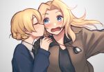  2girls absurdres black_necktie black_tank_top blonde_hair blue_eyes blue_sweater blush braid brown_jacket closed_eyes collared_shirt commentary_request darjeeling_(girls_und_panzer) dog_tags dress_shirt french_braid girls_und_panzer grey_background hands_on_another&#039;s_shoulder highres jacket kay_(girls_und_panzer) long_hair long_sleeves looking_at_another m1saki_1 multiple_girls necktie open_mouth saunders_military_uniform school_uniform shirt short_hair simple_background smile st._gloriana&#039;s_school_uniform sweater tank_top uniform upper_body v-neck white_shirt wing_collar yuri 