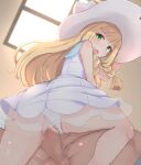  1girl anus anus_peek ass blonde_hair blunt_bangs braid clothed_sex clothing_aside commentary_request commission cowgirl_position dress eyelashes girl_on_top green_eyes hand_on_headwear hat highres huge_ass lillie_(pokemon) long_hair looking_back open_mouth panties panties_aside partial_commentary pixiv_commission pokemon pokemon_(game) pokemon_sm see-through see-through_dress sleeveless sleeveless_dress straddling sun_hat sundress twin_braids underwear vaginal white_headwear white_panties window yuno_(mioalice) 