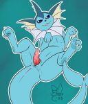  2023 :3 absurd_res animal_genitalia anus blue_sclera bodily_fluids claws cute_fangs digitigrade dripping ear_fins eeveelution erection feral fin frill_(anatomy) front_view generation_1_pokemon genital_fluids genital_slit genitals head_fin hi_res high-angle_view legs_up long_tail looking_at_viewer looking_up lying male moxsully neck_frill nintendo on_back open_mouth outline penis pokemon pokemon_(species) precum precum_drip simple_background slit solo tail tail_anus tapering_penis teal_background toe_curl vaporeon white_claws white_outline 