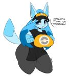  anthro big_breasts black_clothing black_hat black_headwear black_topwear blue_body blue_eyes blue_fur blue_hair bottomwear breasts clothing dialogue eeveelution eyebrows eyelashes female fur generation_4_pokemon glaceon grey_bottomwear grey_clothing hair hat headgear headwear hi_res huge_breasts i_am_kat95 long_hair nintendo open_mouth orange_clothing orange_hat orange_headwear orange_topwear orange_unite_style_glaceon pokemon pokemon_(species) pokemon_unite ponytail raised_eyebrow simple_background solo speech_bubble text topwear visor_cap white_background 