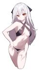  1girl absurdres albino bare_shoulders beudelb bikini black_bikini breasts cleavage closed_mouth cropped_legs hand_on_own_hip highres looking_at_viewer medium_breasts navel original red_eyes simple_background stomach swimsuit thigh_gap white_background white_hair 