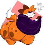  anthro big_butt bottomless butt canid canine cape clothed clothing dipstick_tail domoatdark dot_eyes english_text fox hi_res huge_butt looking_back male mammal markings multicolored_body open_mouth solo soups_(superiorfox) tail tail_markings text thick_thighs two_tone_body 