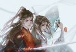  2boys black_gloves black_hair black_robe chinese_clothes facial_mark forehead_mark gloves grey_eyes hair_bun hair_ornament hand_fan highres holding holding_fan holding_sword holding_weapon layered_clothes light_smile long_hair luo_binghe male_focus mandarin_collar multiple_boys red_eyes ren_zhafan_paijizu_xitong robe serious shen_qingqiu smile sword weapon white_robe wusuoyu566 