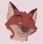  anthro canid canine disney drugs ears_up eyes_mostly_closed famished_(artist) fox fur green_eyes headshot_portrait hi_res male mammal narrowed_eyes nick_wilde portrait red_body red_fur simple_background solo stoned substance_intoxication white_background zootopia 