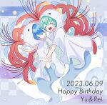  1boy 1girl aqua_hair blue_hair blush bow brother_and_sister character_name dated eyelashes flower ghost_costume ghost_tail hair_over_eyes happy_birthday hood hood_up kashima_miyako open_mouth puyopuyo puyopuyo_fever red_flower rei_(puyopuyo) siblings spider_lily twins white_bow yu_(puyopuyo) 