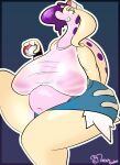  2023 absurd_res anthro belly big_belly big_breasts big_butt big_tummy blue_bottomwear blue_clothing bottomwear breasts butt clothed clothing clothing_pull clothing_torn digital_drawing_(artwork) digital_media_(artwork) dragon english_text female generation_6_pokemon glistening glistening_body goo_creature goodra green_eyes hair hi_res hilda_(pokemon) huge_breasts humanoid hyper hyper_breasts interspecies looking_at_viewer mlem_(mlemgoober) mlemgoober nintendo overweight pink_body pokeball pokemon pokemon_(species) pokephilia portrait purple_hair shiny_goodra shiny_pokemon shirt signature simple_background smile solo tail text thick_thighs topwear url wet wet_body wet_clothing white_clothing yellow_body 
