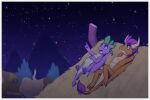 blue_eyes building chimney dragon friendship_is_magic hasbro hi_res house inuhoshi-to-darkpen lying membrane_(anatomy) membranous_wings my_little_pony night on_back orange_body orange_scales purple_body purple_scales scales smolder_(mlp) spike_(mlp) star stargazing thatched_roof wings 