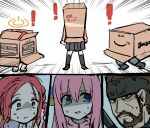  ! 1boy 2girls beard blue_archive blue_eyes bocchi_the_rock! box braid brown_hair cardboard_box emphasis_lines facial_hair gotoh_hitori halo headband highres metal_gear_(series) metal_gear_solid multiple_girls pink_hair red_hair shaded_face solid_snake suppressor sweat tenten_(chan4545) trait_connection yuzu_(blue_archive) 