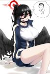  1girl black_hair black_wings blue_archive blue_jacket blue_shorts blush breasts collarbone feathered_wings hair_between_eyes hair_tie halo hasumi_(blue_archive) hasumi_(gym_uniform)_(blue_archive) highres jacket large_breasts mianbaoren mole mole_under_eye open_mouth partially_unzipped ponytail popped_collar red_nails shirt shorts thought_bubble white_shirt wings zipper_pull_tab 