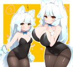  2girls :o ? alternate_breast_size animal_ear_fluff animal_ears animal_hands arctic_fox_(kemono_friends) berusa_(berutoo) black_leotard black_pantyhose blush bow bowtie breast_suppress breasts cleavage covered_navel detached_collar dual_persona flying_sweatdrops fox_ears fox_girl fox_tail gloves heart highres kemono_friends kemono_friends_3 large_breasts leotard long_hair multiple_girls nontraditional_playboy_bunny orange_background pantyhose paw_gloves simple_background small_breasts spoken_question_mark tail thighband_pantyhose very_long_hair white_hair wrist_cuffs yellow_eyes 