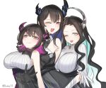  3girls absurdres anerissa_ravencroft asymmetrical_horns black_hair breasts colored_inner_hair demon_horns gloves hair_ornament highres hololive hololive_english horns large_breasts long_hair looking_at_viewer mole mole_under_eye multicolored_hair multiple_girls nerissa_ravencroft one_eye_closed oneerissa_ravencroft open_mouth red_eyes short_hair siblings simple_background sisters smile sobbi11 two-tone_hair uneven_horns virtual_youtuber white_background 