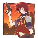  1girl arc_the_lad arc_the_lad_iii bandages belt brown_eyes cheryl_(arc_the_lad) cloud denim gloves gun highres holding holding_gun holding_weapon jeans looking_at_viewer midriff navel oma open_mouth pants red_hair short_hair smile solo weapon 