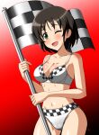  1girl absurdres artist_name black_hair blush bra breasts checkered_flag commentary cowboy_shot crotch_seam english_commentary flag gradient_background green_eyes groin harada_miyo highres holding holding_flag idolmaster idolmaster_cinderella_girls looking_at_viewer medium_breasts navel one_eye_closed open_mouth panties print_bra print_panties red_background short_hair signature smile solo underwear underwear_only vzmk2 white_bra white_panties 