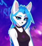  absurd_res accessory anthro background_text blue_eyes blue_hair blurred_background canid canine clothing collarbone female fox glistening glistening_body glistening_eyes glistening_hair glistening_skin hair hair_accessory hairband hi_res inner_ear_fluff jinx_(character) jinx_(lol) league_of_legends long_hair mammal narrowed_eyes olivialovesfur outline purple_background riot_games shirt shoulder_tuft side_cut simple_background solo tank_top topwear tuft 