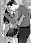  1boy 1girl asirpa blush collared_shirt commentary_request contemporary erection fingering french_kiss golden_kamuy greyscale hachi_(hachin0124) heart heart-shaped_pupils height_difference hetero highres kiss miniskirt monochrome ogata_hyakunosuke panties panty_pull pleated_skirt pussy_juice scar scar_on_cheek scar_on_face shirt skirt symbol-shaped_pupils train_interior underwear 