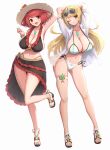  2girls :d absurdres alternate_costume arm_up armlet armpits arms_up belly bikini black_bikini blonde_hair blush bob_cut bracelet breasts chest_jewel cleavage commentary core_crystal_(xenoblade) day earrings eyewear_on_head feet flower frilled_bikini frills full_body gonzarez happy hat highres huge_breasts jewelry legs long_hair looking_at_viewer medium_hair multiple_girls mythra_(xenoblade) nail_polish navel o-ring o-ring_bikini o-ring_top one_eye_closed open_clothes open_shirt pyra_(xenoblade) red_eyes red_hair ribbon sandals shirt side-tie_bikini_bottom sideboob simple_background skindentation smile standing standing_on_one_leg stomach straw_hat sunglasses swept_bangs swimsuit thigh_gap thigh_strap thighs tiara toenail_polish toenails toes underboob undersized_breast_cup water white_background white_bikini white_shirt wide_hips xenoblade_chronicles_(series) xenoblade_chronicles_2 yellow_eyes 